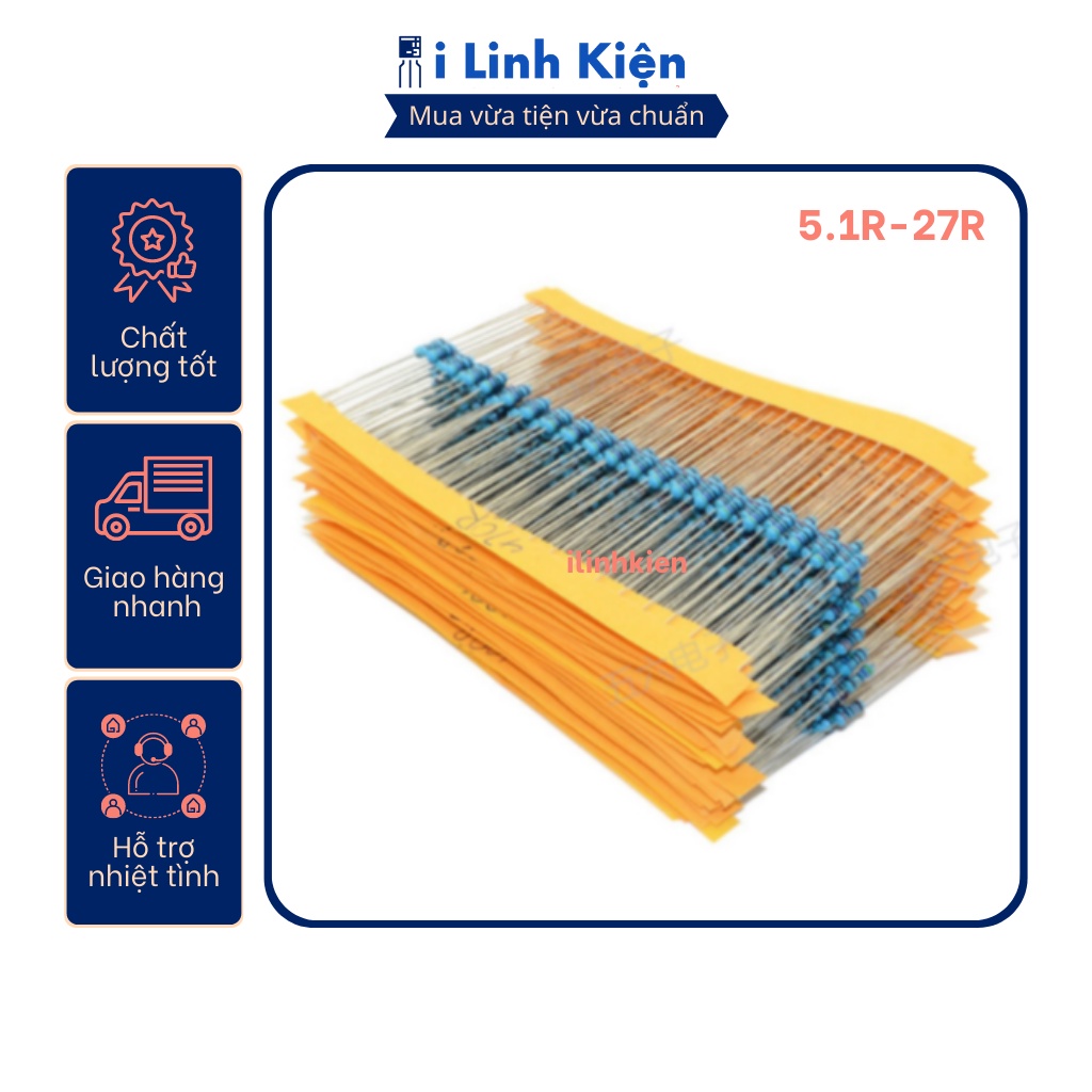 Điện trở vạch 1/4w 5.1r-27r 1% chân đồng túi 50 con.