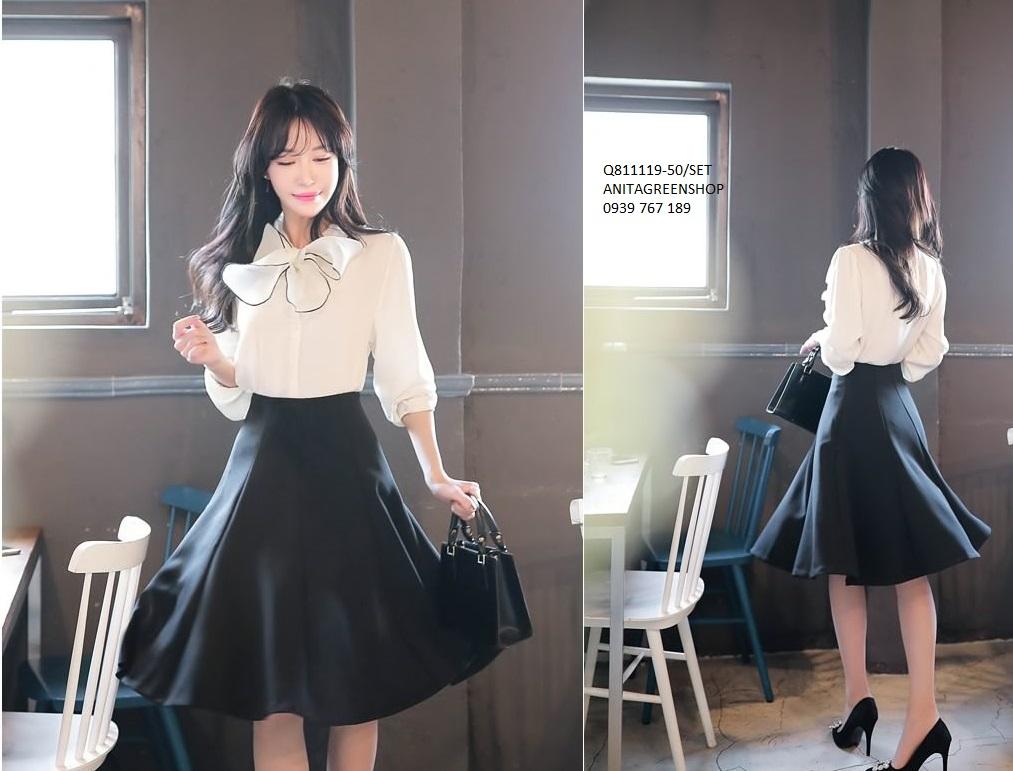 Q811119  SET ÁO NƠ PHỐI CHÂN VÁY XÒE