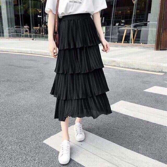 Chân váy 4 tầng dập ly nhỏ midi
