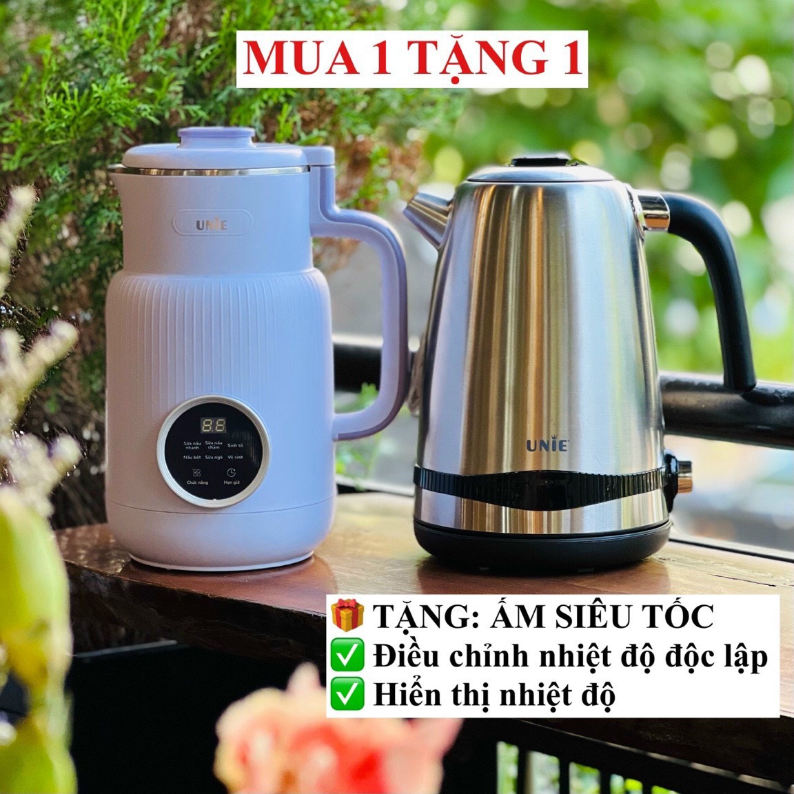 Máy làm sữa hạt mini, Máy xay sữa hạt đa năng Unie UMB08 600ml công suất 600W 5 chức năng bảo hành 12 tháng chính hãng