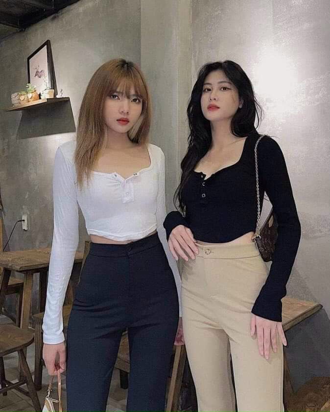 Áo kiểu croptop tay dài cổ vuông nút bấm vạt bầu cực xinh , chất thun bozip mềm mịn co giãn