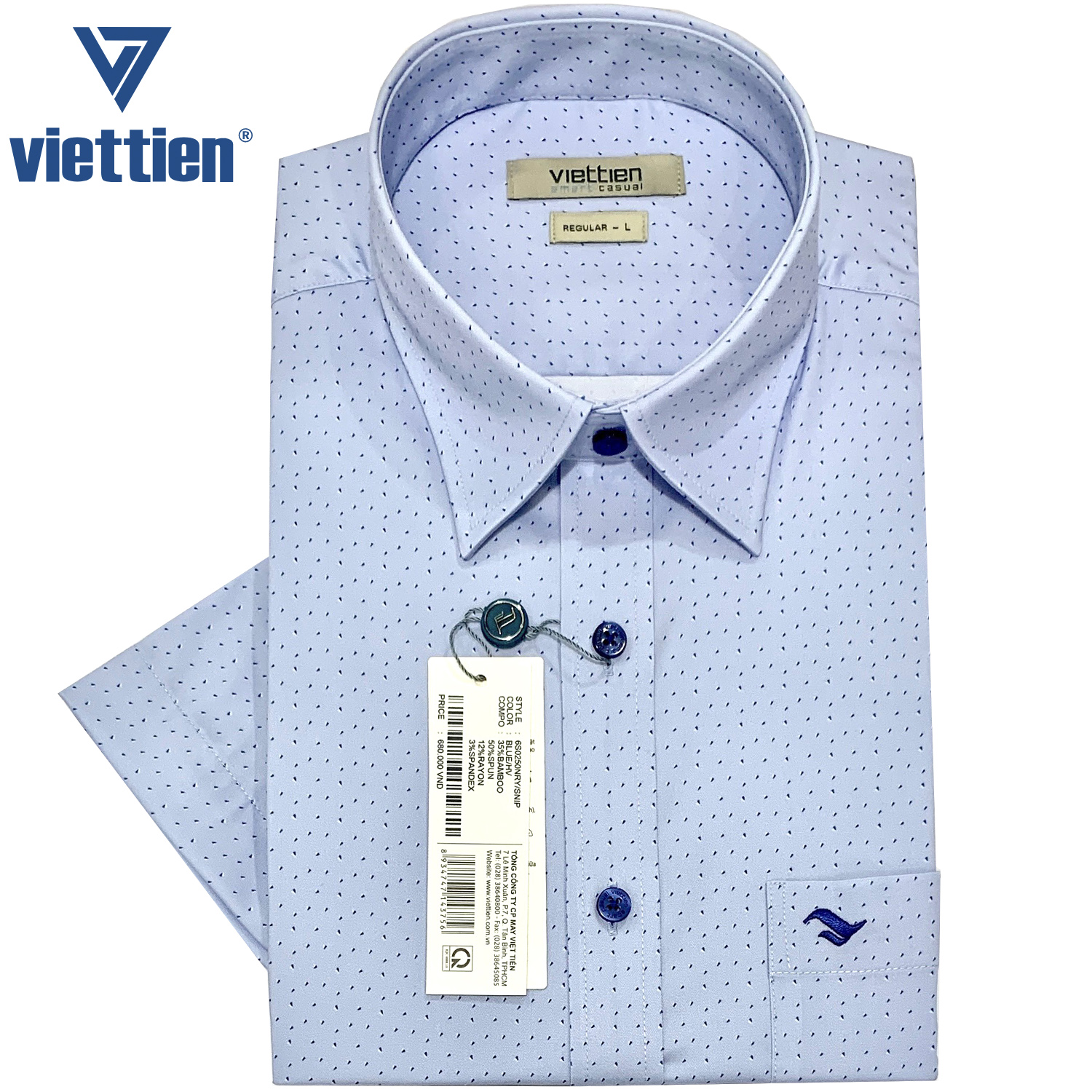 Viettien - Áo sơ mi nam ngắn tay xẻ tà vạt ngang Bamboo spun regular Hoạ tiết 6S0250