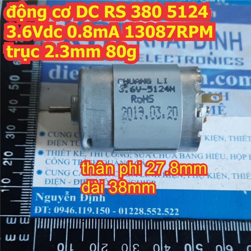 Động cơ dc rs 380 5124 3.6vdc 0.8ma 13087rpm trục 2.3mm 80g kde3563