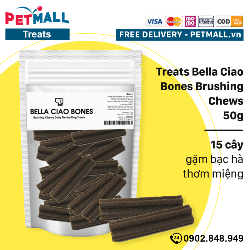 Treats Bella Ciao Bones Brushing Chews 50g - 15 cây, gặm bạc hà thơm miệng Petmall