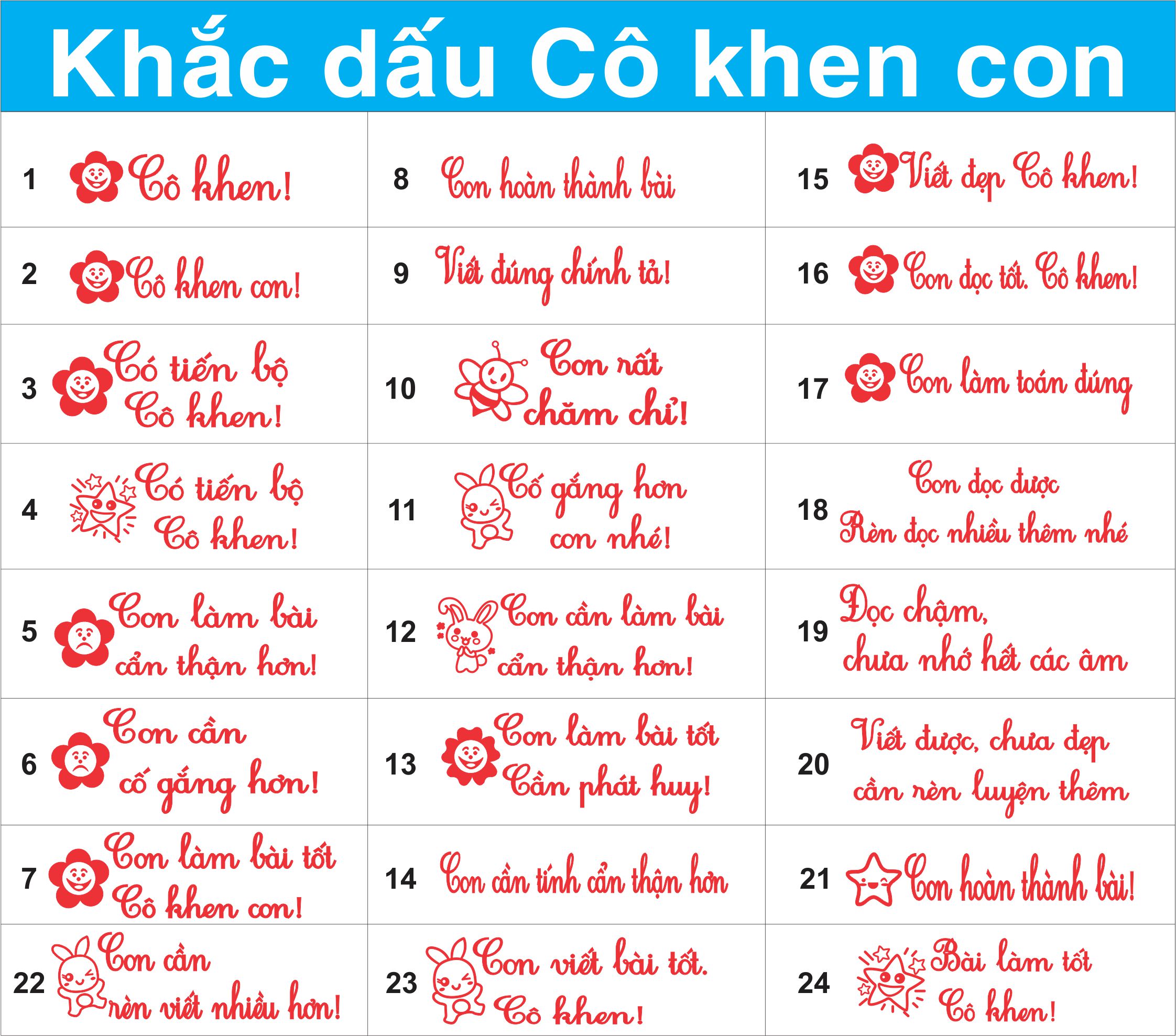 Con dấu cô khen, lời khen, con dấu cô khen tiểu học