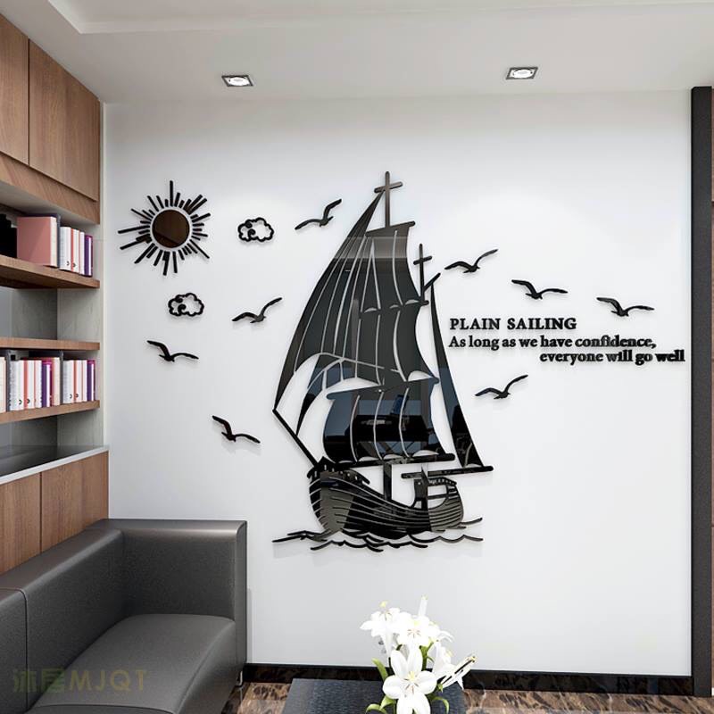 Tranh dán tường mica 3d thuyền size lớn, tranh dán tường phòng khách, phòng ngủ, phòng bếp