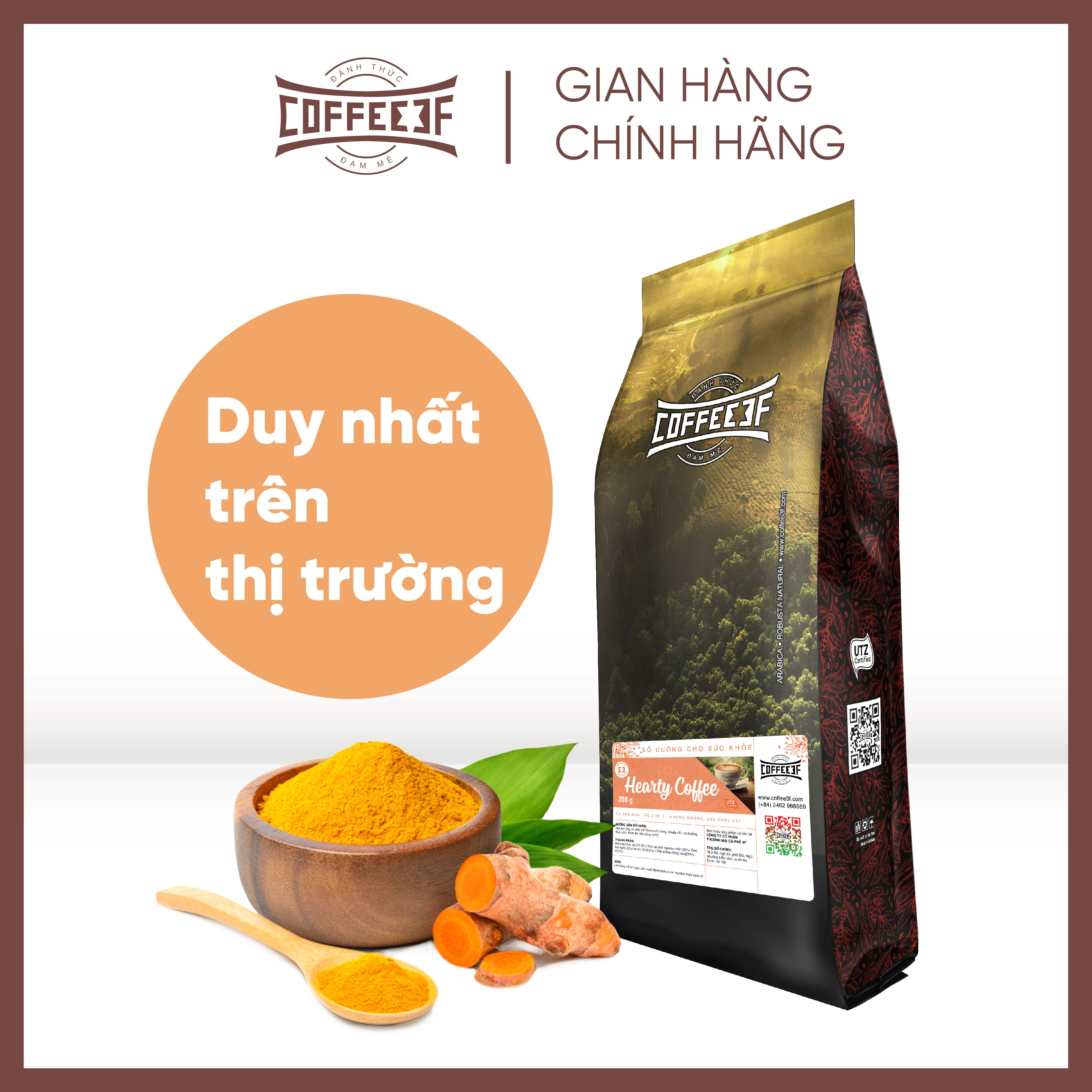 Cà phê hoà tan tinh bột nghệ Hearty Coffee - Coffee 3F (túi 500g/200g)