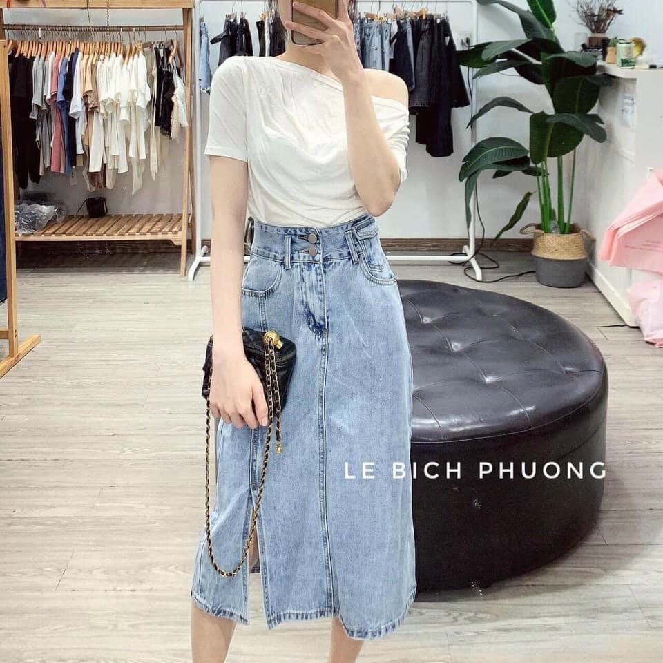 Chân váy dài cạp cao dài qua gối