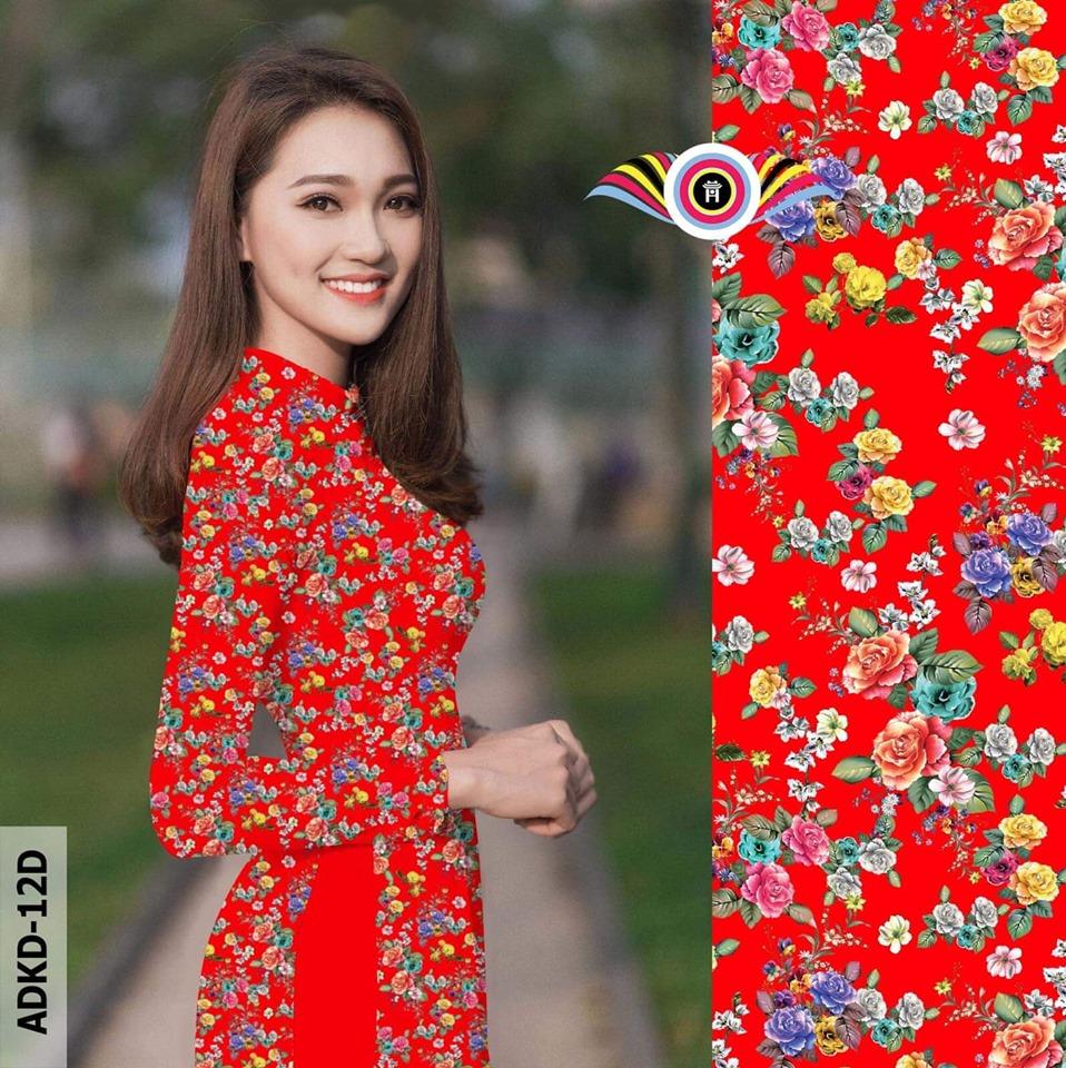 Bộ áo dài truyền thống họa tiết hoa nhí đỏ (Cổ 2cm tay dài)