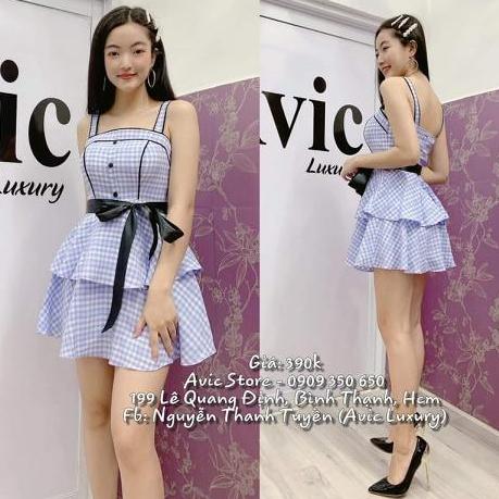 Đầm xòe caro 2 tầng thắt nơ