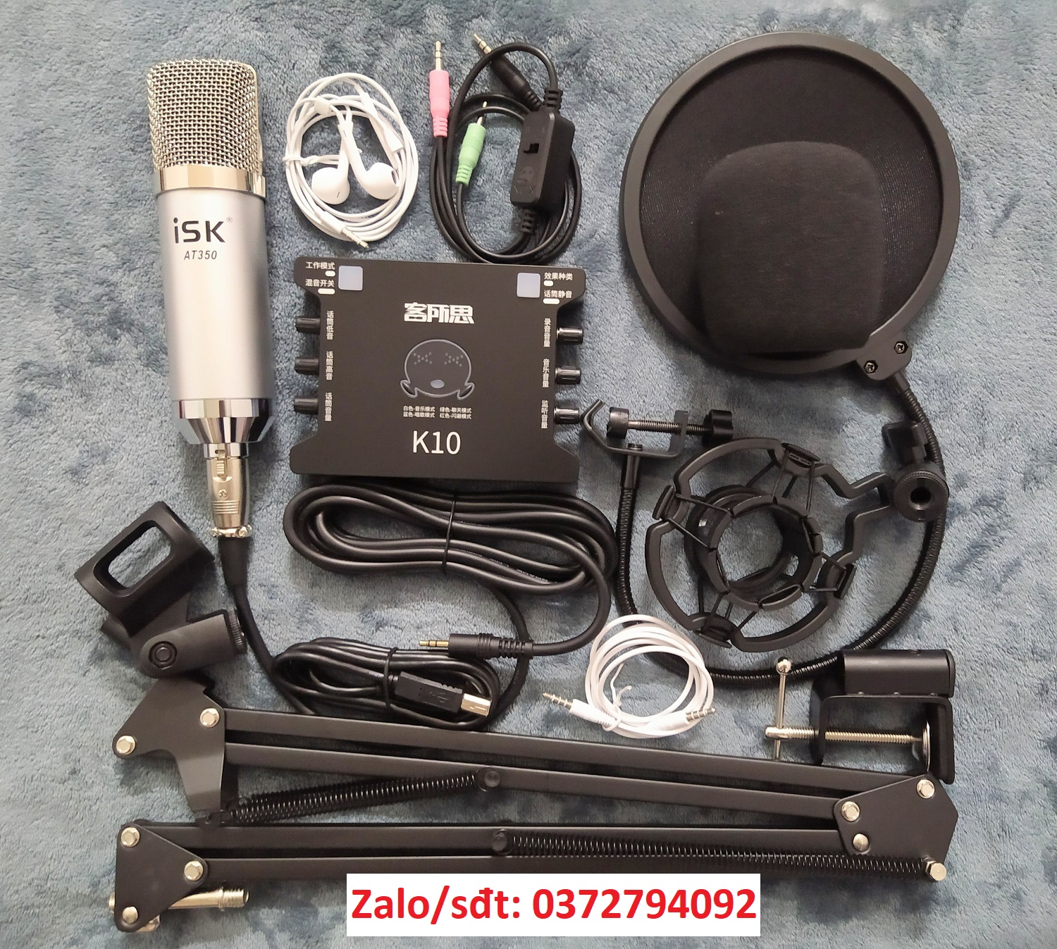 Combo thu âm livestream Mic ISK AT350 Soundcard K10  kèm màng lọc kẹp mic dây MA2 tặng kèm tai nghe nhét tai