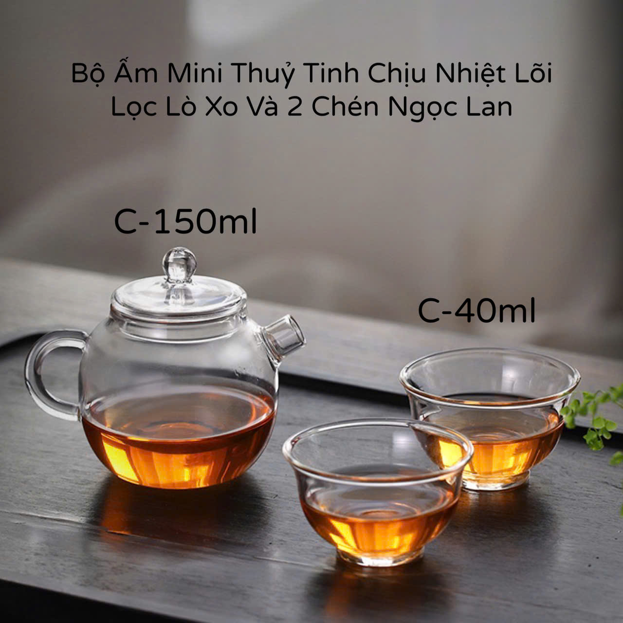 Bộ Ấm Pha Trà Mini Thuỷ Tinh Chịu Nhiệt Lõi Lọc Lưới Lò Xo Và 2 Chén Trà Cao Cấp Sang Trọng