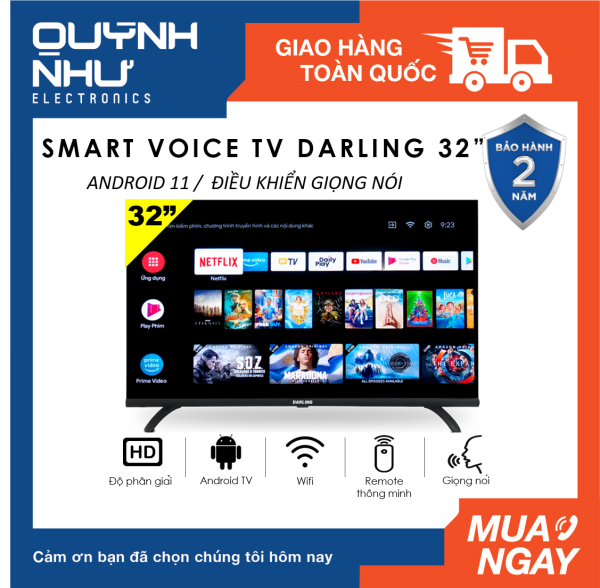 Bảng giá Smart Voice Tivi Darling 32 inch Kết nối Internet Wifi 32HD964V MỚI (HD Ready, Android 11, Điều khiển giọng nói (Voice Search), Youtube, Truyền hình KTS DVB-T2, Dolby Audio, màu đen) - Tivi giá rẻ - Bảo hành toàn quốc 2 năm
