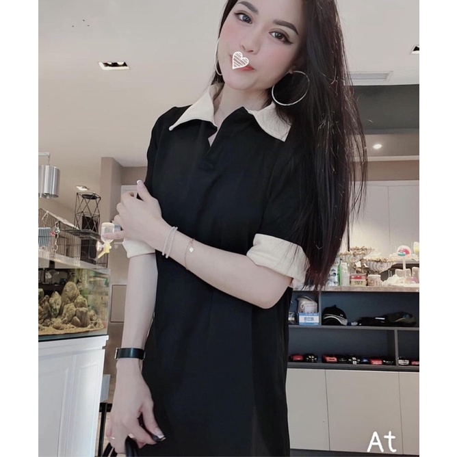 Váy đầm đen suông phối cổ be chất zip co giãn V121