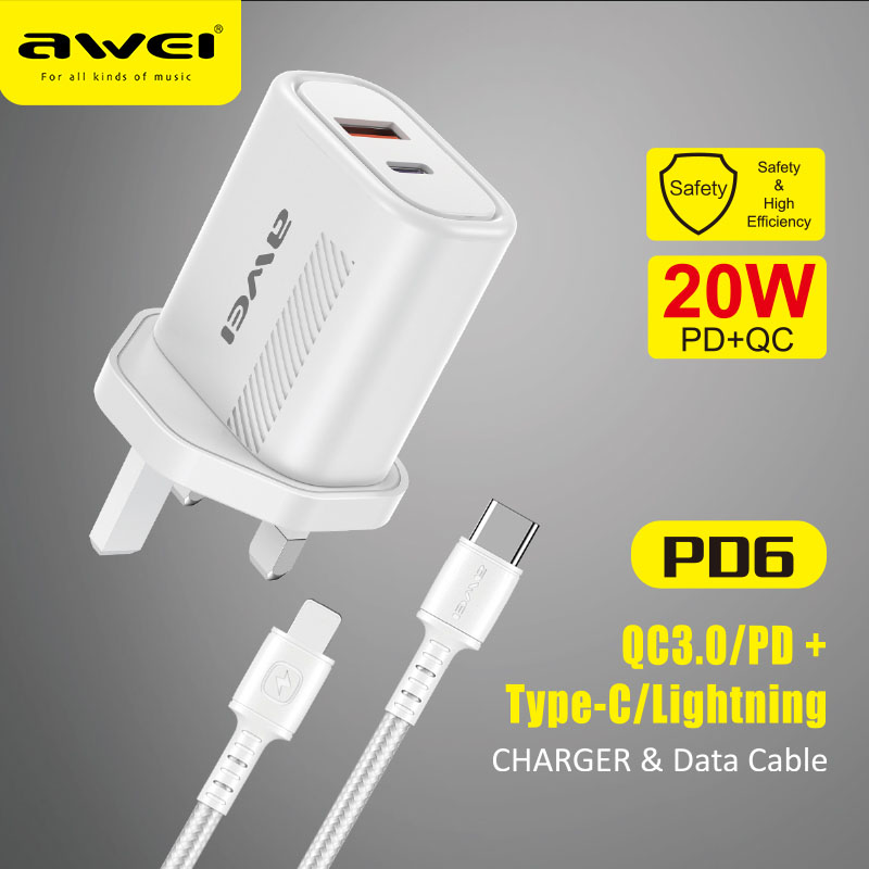 Cáp C-L PD20w miễn phí AWEI PD6 Bộ chuyển đổi bộ sạc nhanh PD 20W Sạc