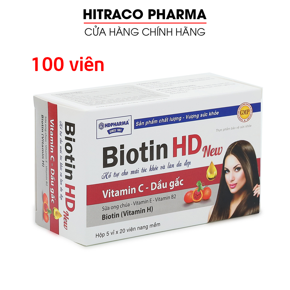 Viên uống đẹp da Biotin HD New giúp mái tóc khỏe, sáng da, giảm rụng tóc, chống lão hóa - Hộp 100 viên