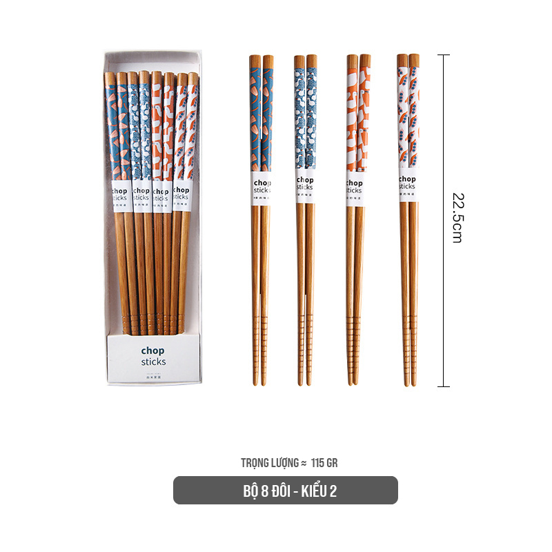 Bộ 8 đôi đũa gỗ tre tự nhiên Nhật Bản hoạ tiết Vintage - NA0058