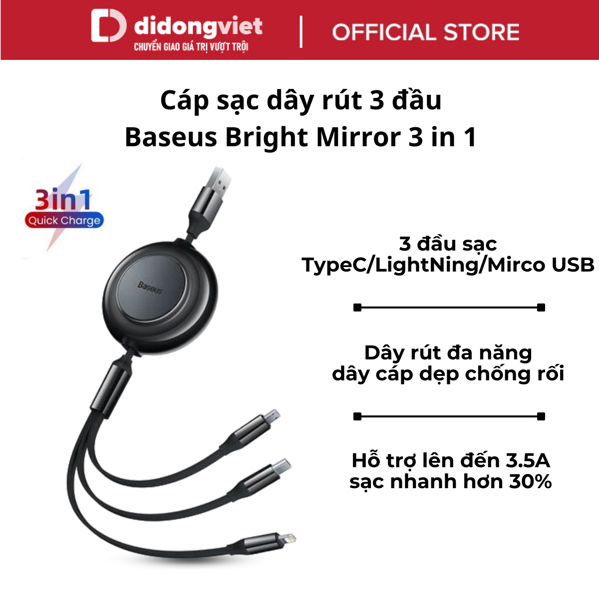 Cáp sạc dây rút 3 đầu Baseus Bright Mirror 3 in 1 (Type C/ Micro USB/ Lightning) 1.2m