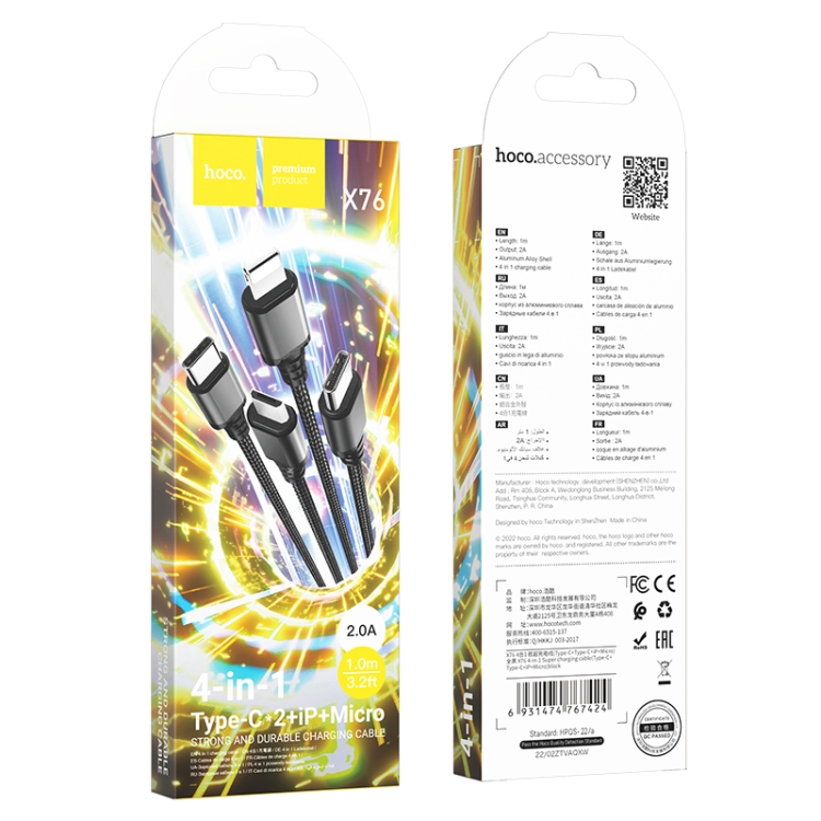 Cáp sạc 2A Hoco X76 Lightning + Micro + 2 Type-C dây dù siêu bền dài 1M