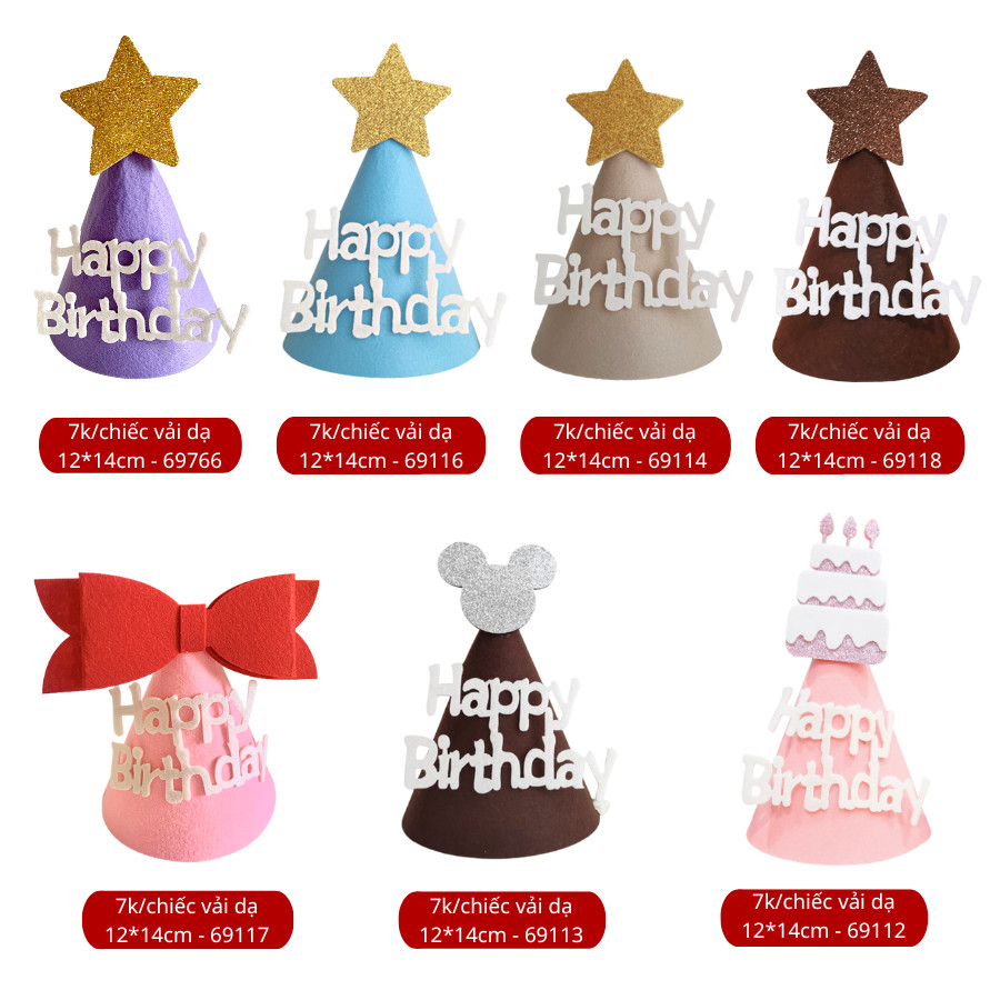 MŨ VẢI SINH NHẬT PHONG CÁCH HÀN QUỐC (12*14cm)