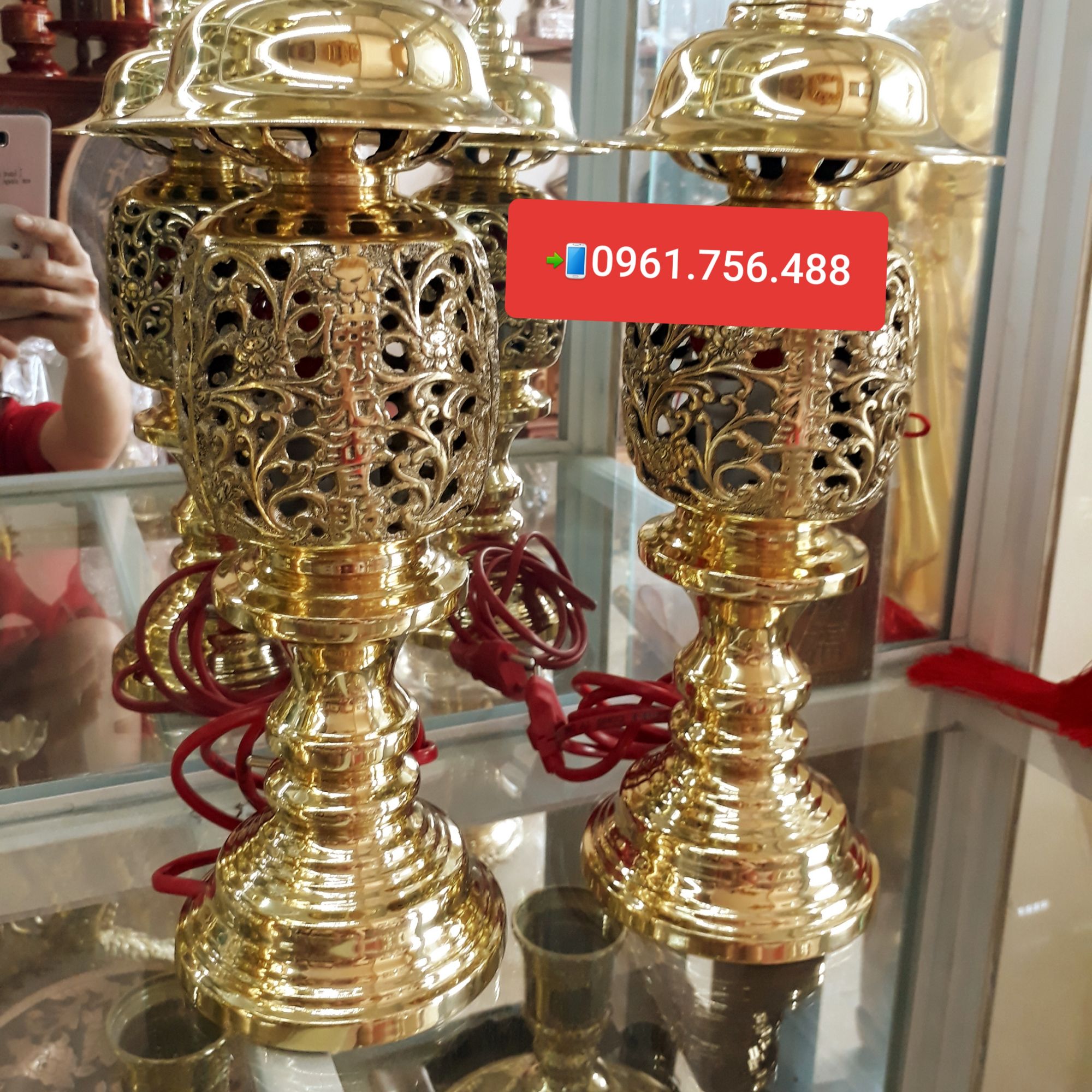 Đôi đèn đồng vàng hoa sen cao cấp 42cm