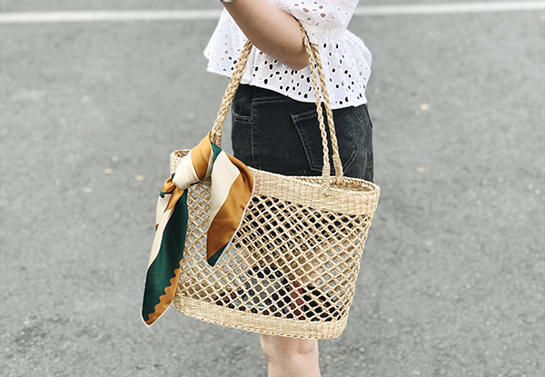 Giỏ cói mắt cáo, túi cói xách tay (không nơ)