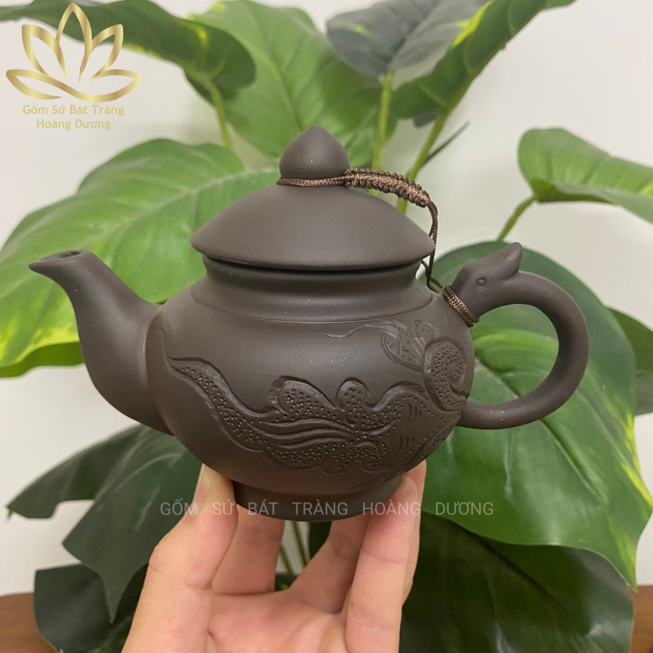 (Hàng nghệ nhân) Ấm pha trà Bát Tràng đất nung quai rồng 350ml màu đen