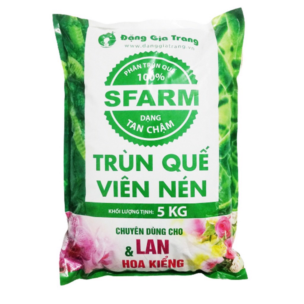 Phân trùn quế hữu cơ Sfarm dạng viên nén bao 5kg cho hoa lan chất liệu nguyên chất 100% đã qua giảm ẩm, sàng lọc và ray mịn tăng hiệu quả sử dụng, giảm thất thoát khi bón.