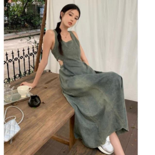 váy 2 dây nữ hở lưng, váy jean hở lưng