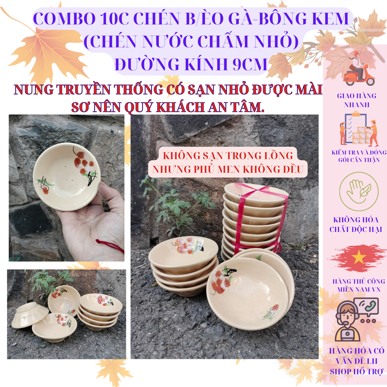 COMBO 5-10C CHÉN CHẤM CON GÀ /BÔNG KEM GỐM THÔ THỦ CÔNG 100%