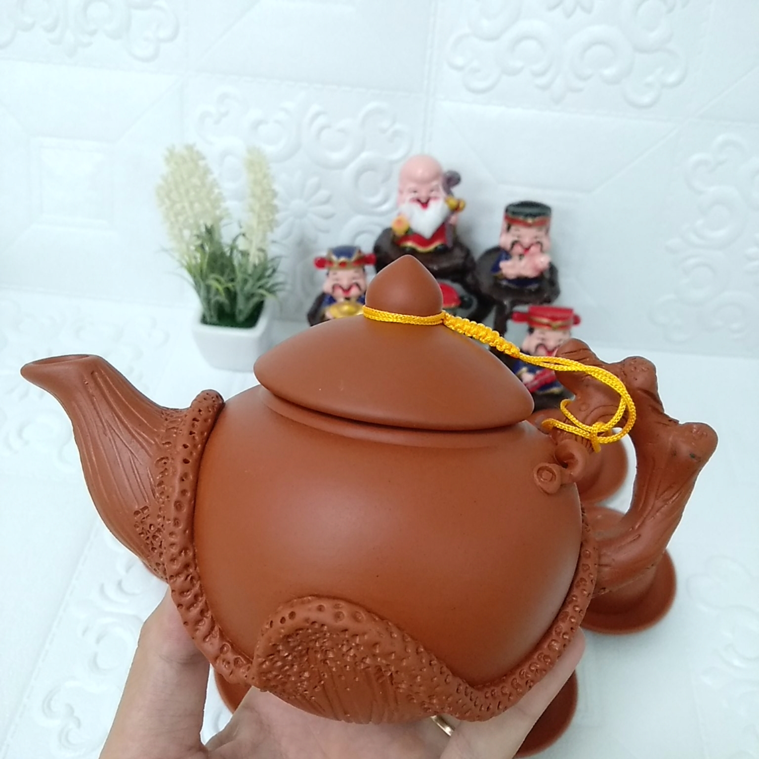 Ấm pha trà đất nung Bát Tràng hoa phù dung 400ml màu đỏ