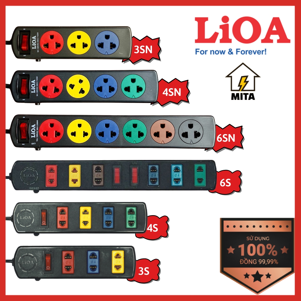 Ổ Cắm Điện LiOA có Bảo Vệ chống Quá Tải (model S) 3 lỗ, 4 lỗ, 6 lỗ dây dài 3m/5m công suất 2200W - MITA