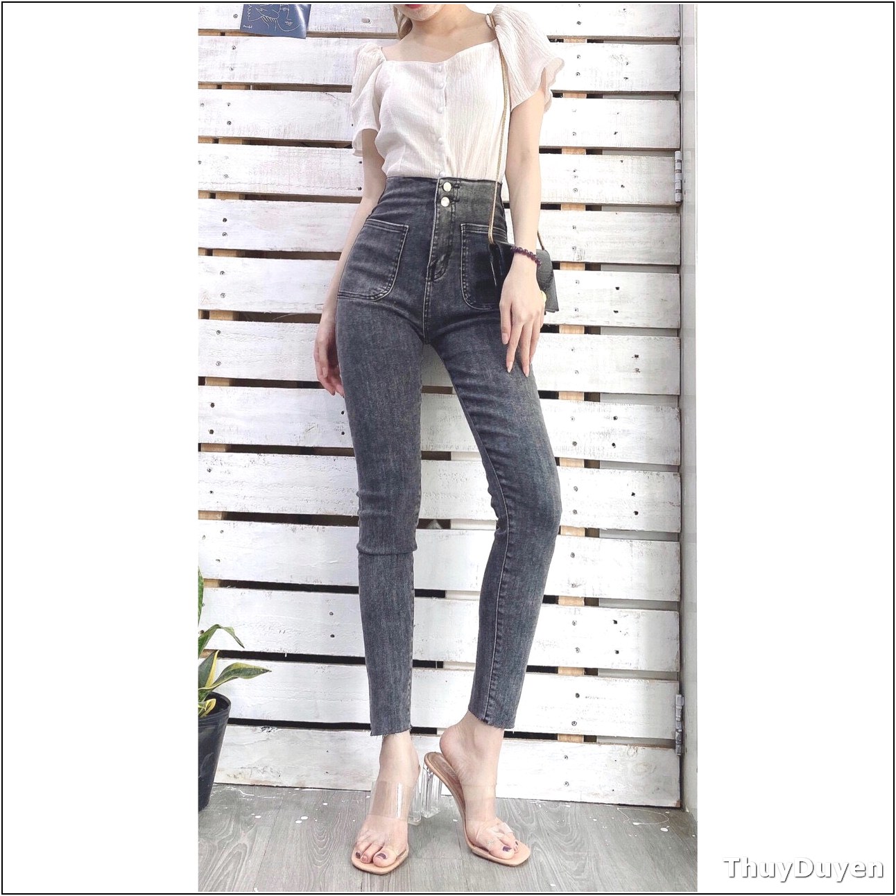 Quần Jean Nữ Lưng Cao 2 CÚC TRƯỚC HAI TÚI BẦU XÁM siêu đẹp chất jean giãn tốt K dai --S3a16