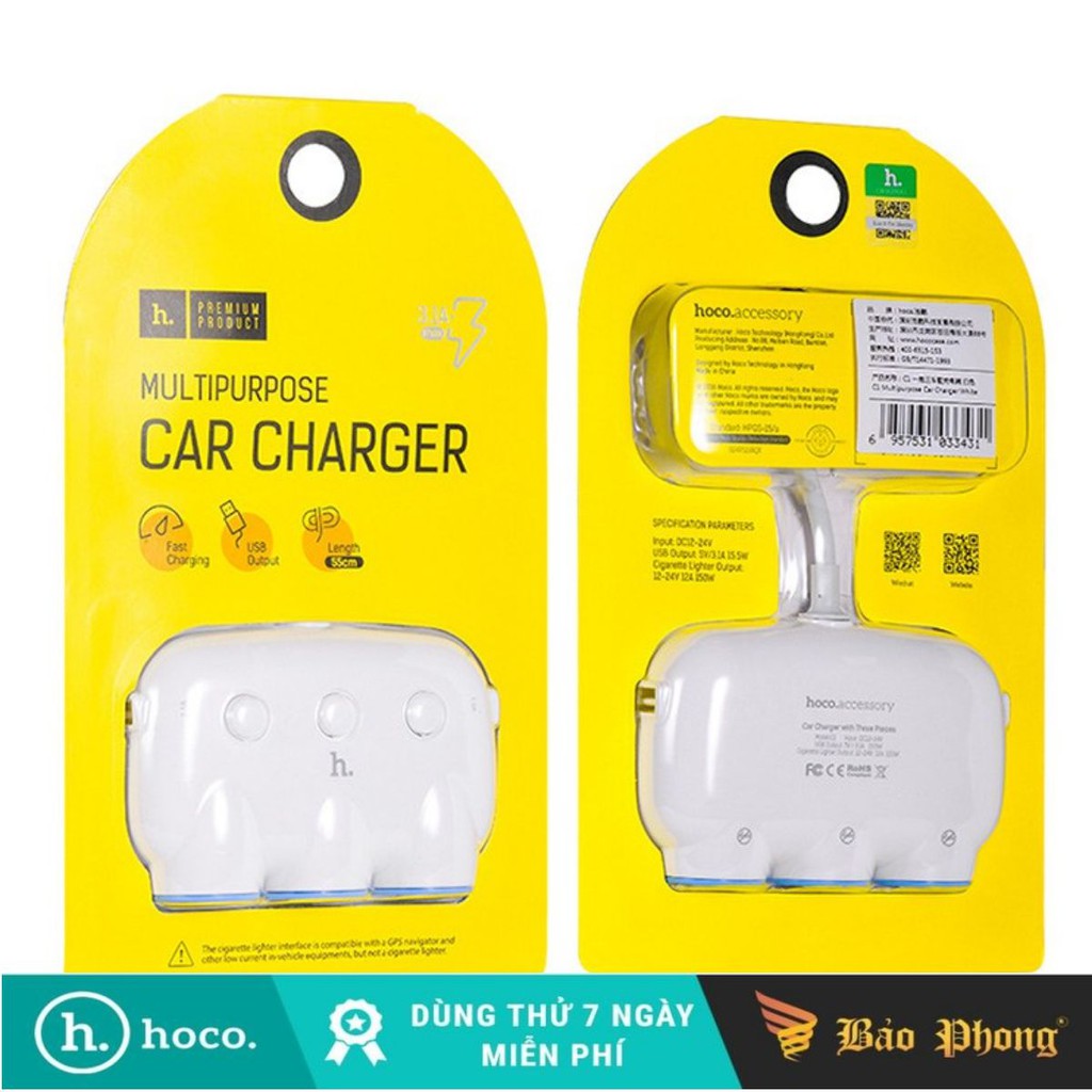 Bộ chia tẩu sạc HOCO C1 (3 in 1) trên oto