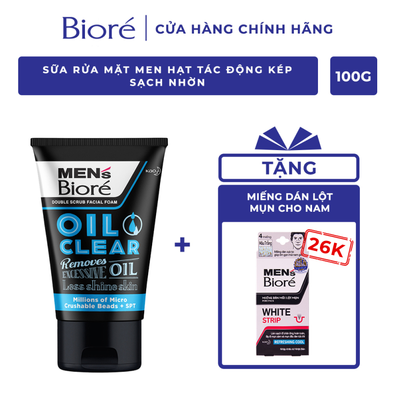 Sữa Rửa Mặt Men Biore Hạt Tác Động Kép Sạch Nhờn 100g Tặng 4 Miếng Dán Lột Mụn Mũi Cho Nam