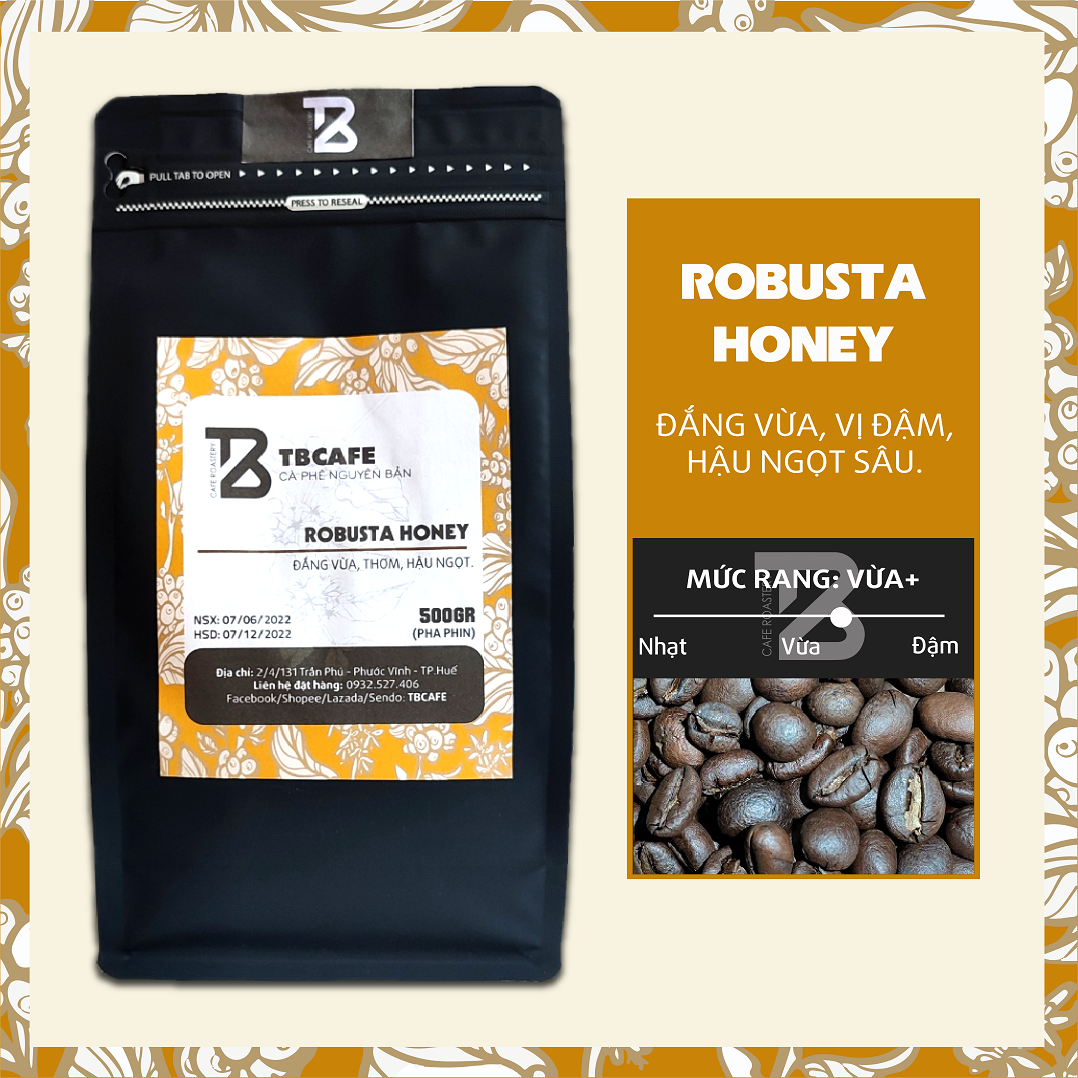 Cà phê Robusta Honey [500g] - 100% Cà phê rang mộc nguyên chất, pha phin, pha máy - TBCAFE
