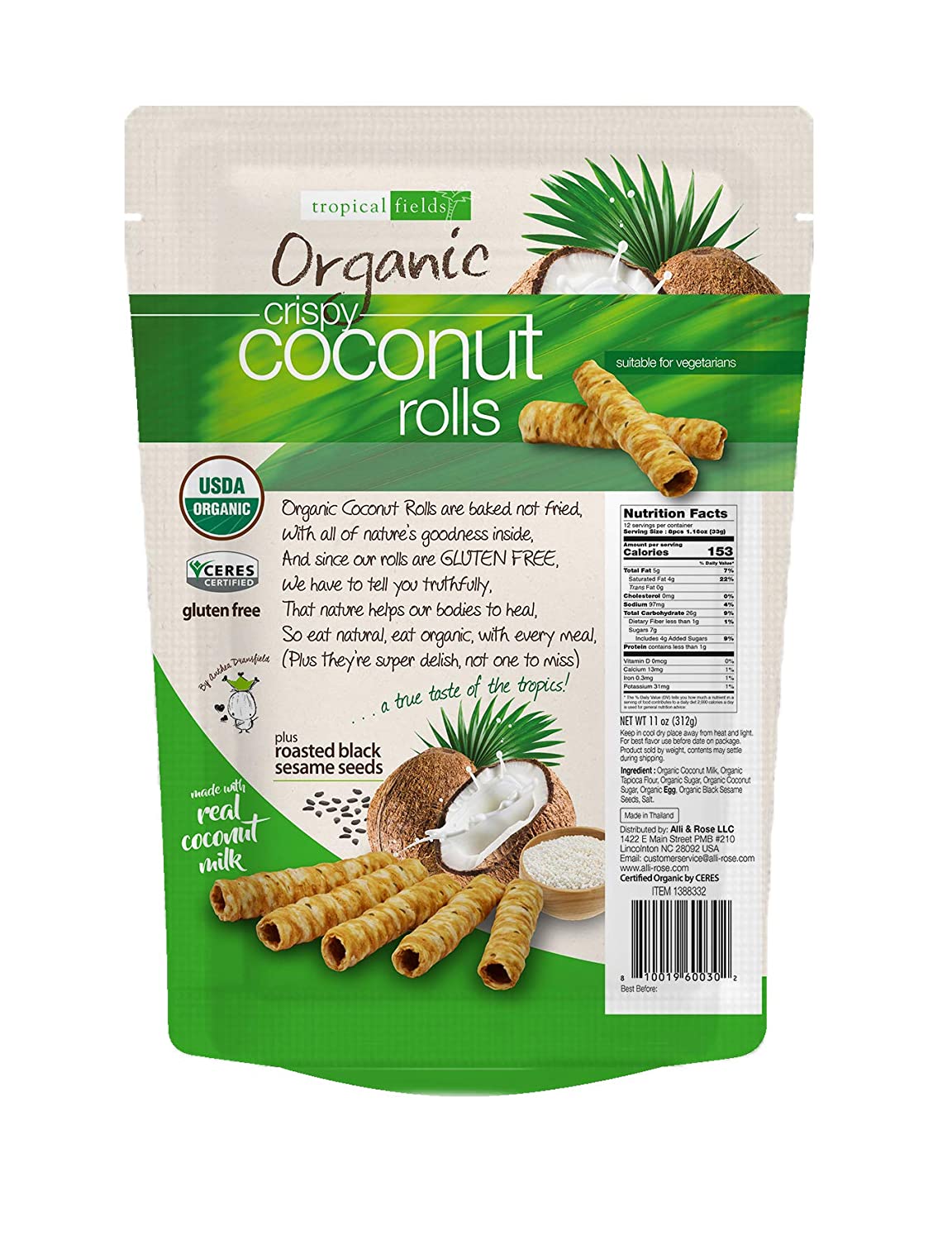 [Hoàn Tiền 15%][HCM]Bánh quế dừa hữu cơ Tropical Fields Organic Crispy Coconut Rolls 312g