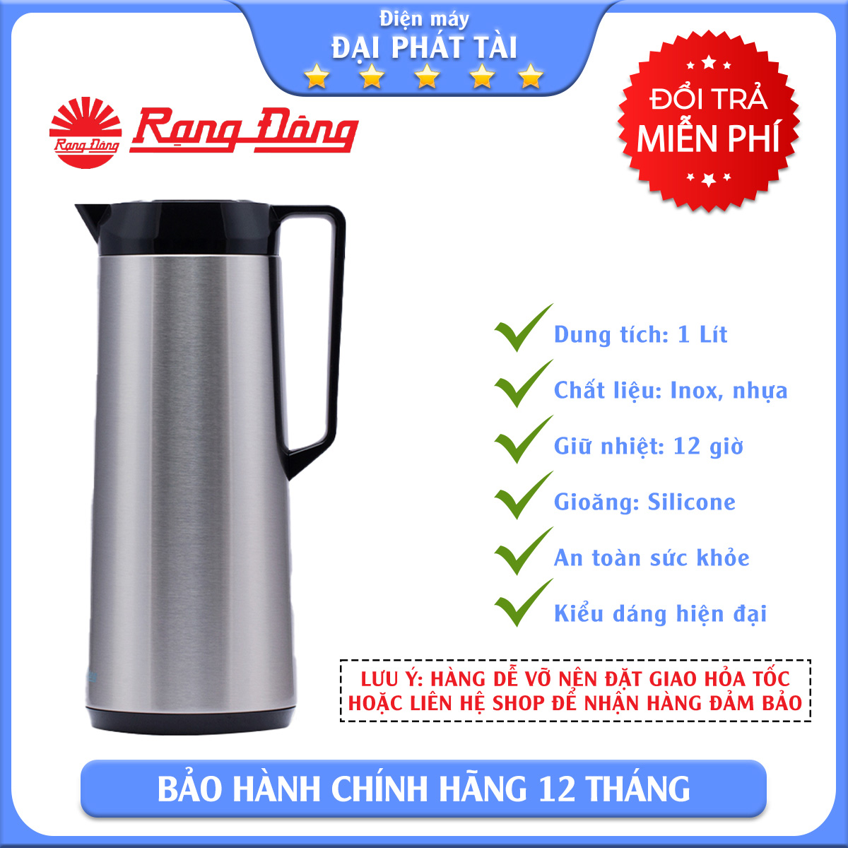 Bình thủy inox Rạng Đông RD1040 ST2.E 1L (Trắng)