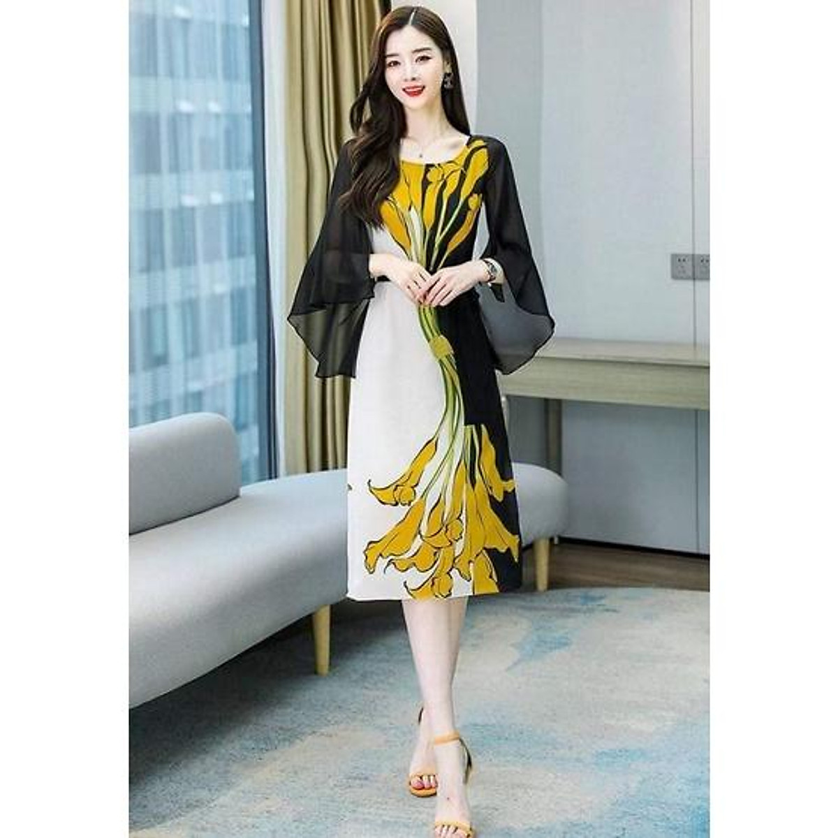 ĐẦM SUÔNG HOA RUM VÀNG THẮT NƠ EO