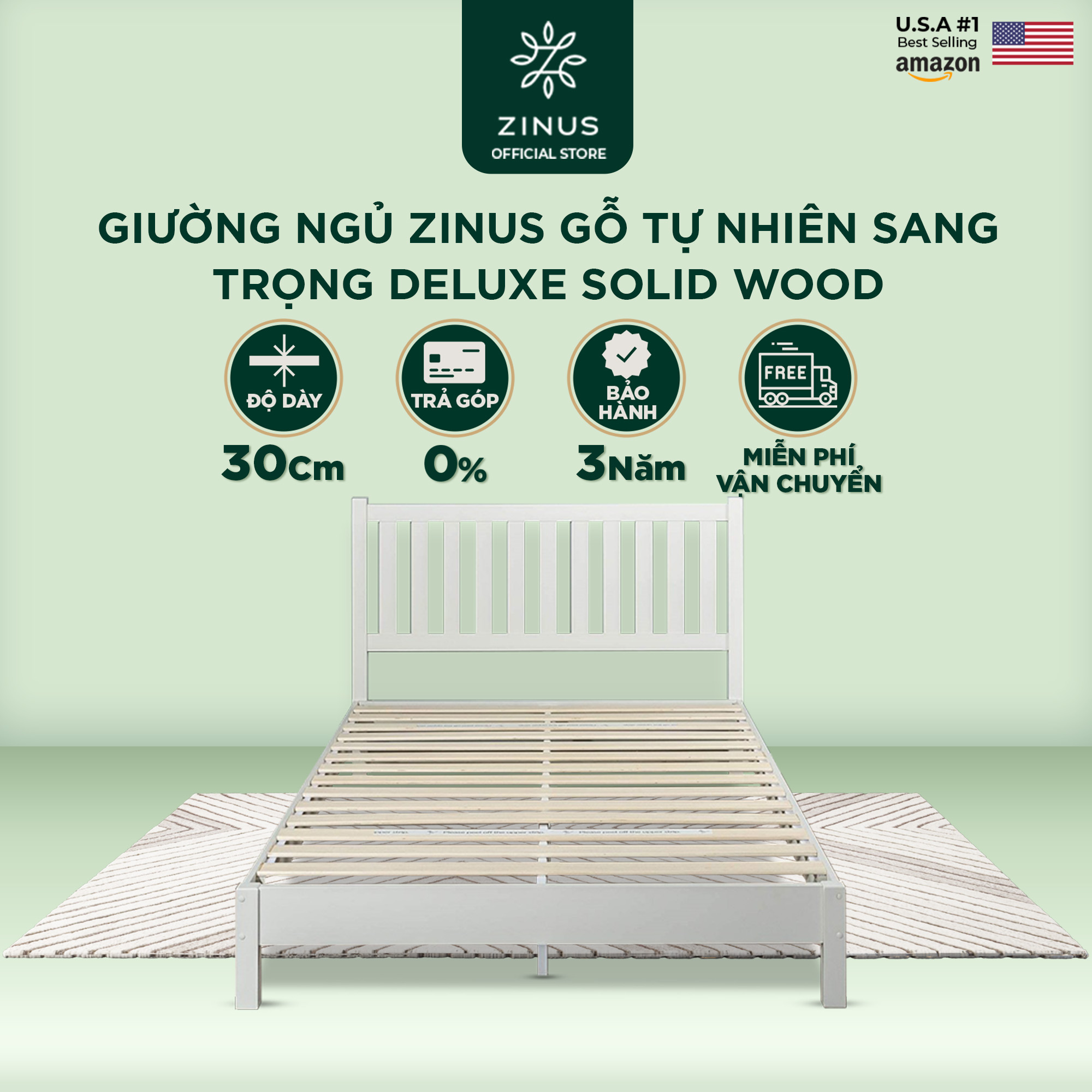 Giường Gỗ Trắng cao 30cm Zinus – 12in Deluxe Solid Wood Platform Bed