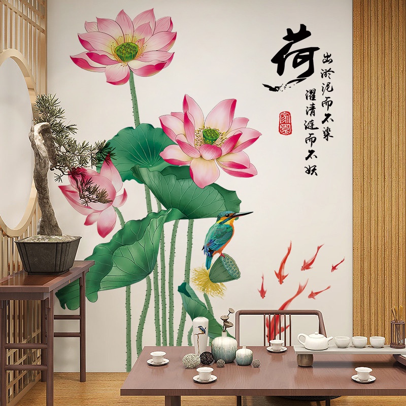 Decal dán tường Hoa sen hồng mới 3D tranh dán tường decal trang trí hình hoa sen sang trọng