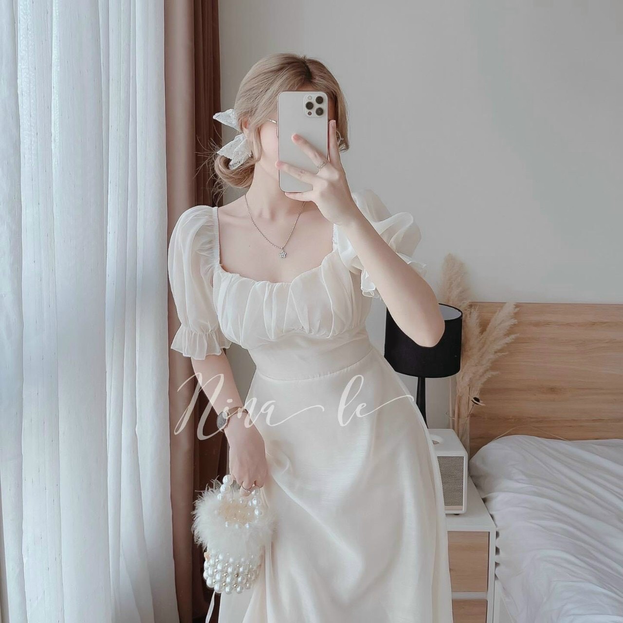 Váy đầm nữ tay phồng xếp ly ngực
