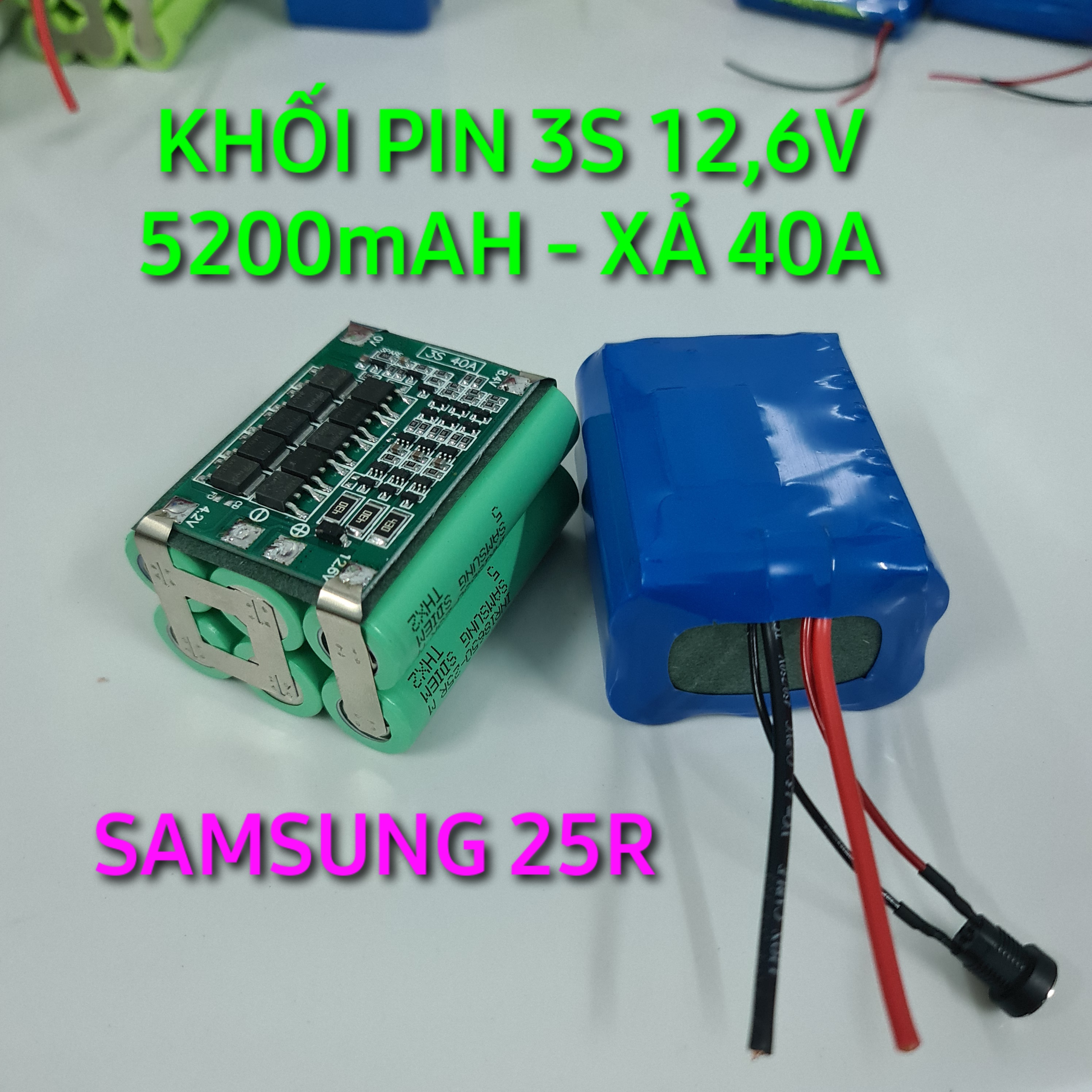 Khối pin SAMSUNG 25R 3S 12,6V 5200mAH (5,2AH). Hàng cao cấp chuyên dùng cho máy nội địa chất lượng. Khối pin 3S 6 cell SAMSUNG 25R Có mạch bảo vệ 3S Dòng xả liên tục 40A - LIMO