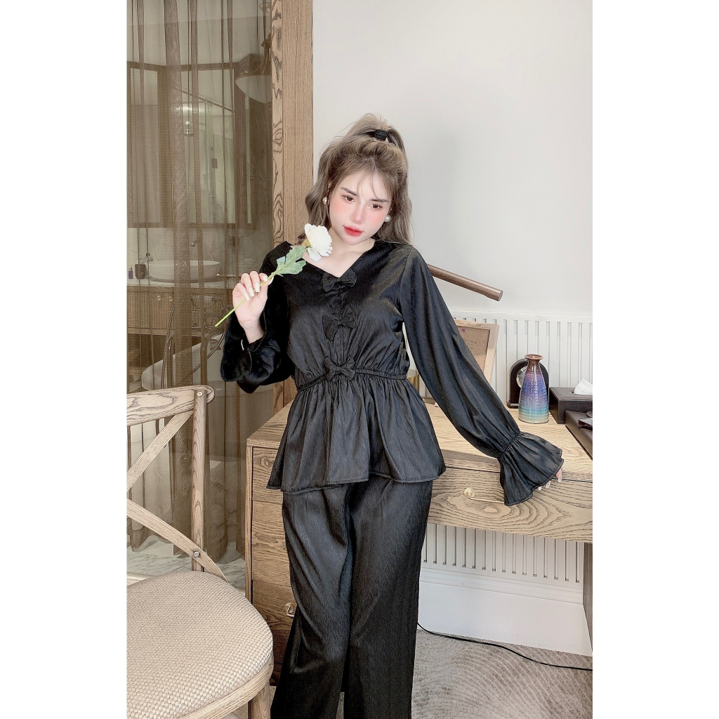 Đồ bộ tiểu thư nơ tay dài dáng peplum lụa xước Freesize