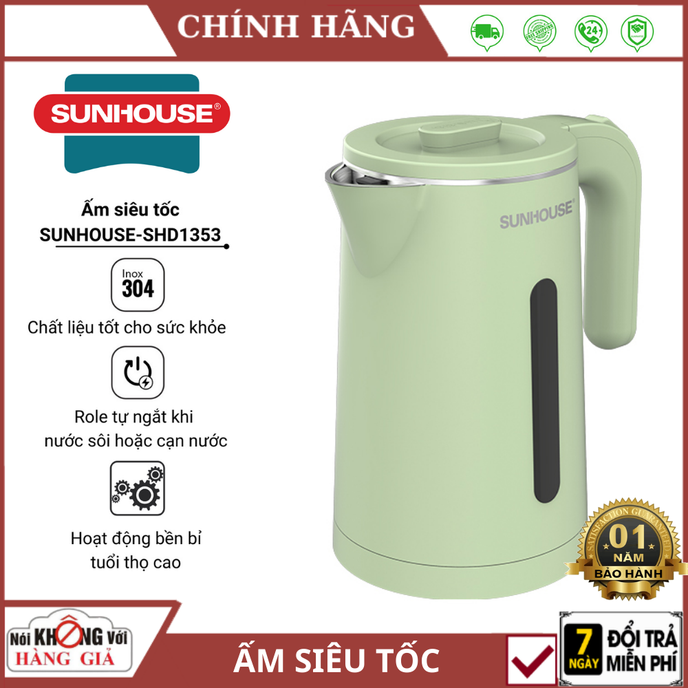 Ấm siêu tốc inox 2 lớp sunhouse shd1353 dung tích 1.8l, công suất 1500w, thân ấm inox 304, đáy liền dập sâu, tự động ngắt, hàng chính hãng - ấm siêu tốc sunhouse , bình siêu tốc sunhouse