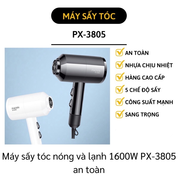 Máy sấy tóc nóng và lạnh 1600w px-3805 - máy sấy gió thổi mạnh kèm đầu thổi nén gió