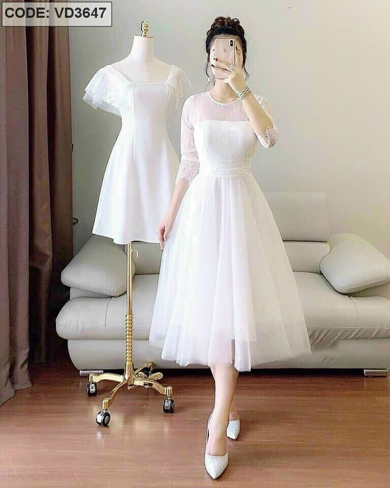 Đầm ren công chúa phối tùng lưới cứng siêu xinh qc