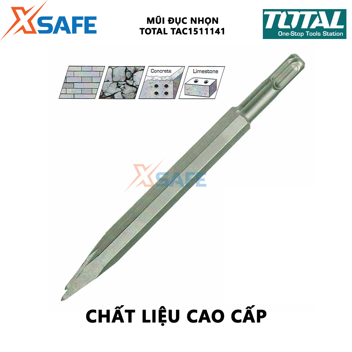 Mũi đục nhọn TOTAL TAC1511141 | mũi đục chiều dài 250mm đục, khoét các bề mặt cứng khác nhau như tường, bê tông