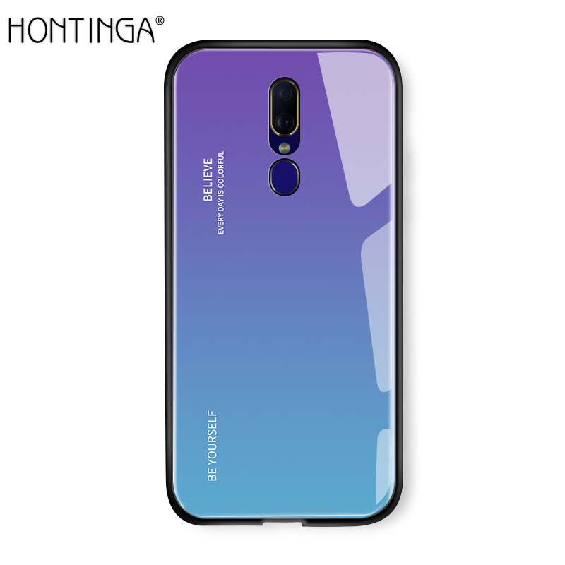 Hontinga Casing Case For OPPO F11 Case Luxury Aurora Rainbow Casing Gradient Series Case Shockproof Tempered Phone Cases Glass Back Cover Hard Case For Girls For Women For Boys