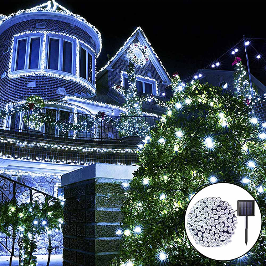 Vimite 12/22/32 Meters LED Solar Christmas Lights Outdoor Waterproof Decorative Xmas String Fairy Light Blue Warm White Color Garden Lamp for House Tree Fence IP65 Christmas Lamp Home Landscape Wedding